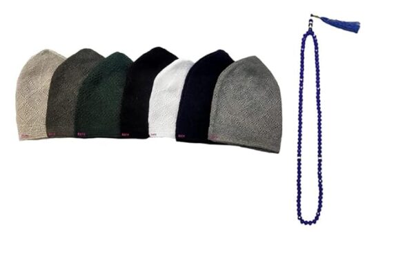 Muslims Bazaar Muslim Prayer Cap for Men Turkish Stylish Knitting Cap Pure Cotton (Pack of 7 Any 6 Colours + 1 White Family Pack with Crystal Tasbeeh/Prayer Beads Blue Color (Combo Pack)